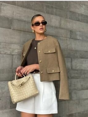 Zara Camel Cropped Button Front Blazer Jacket